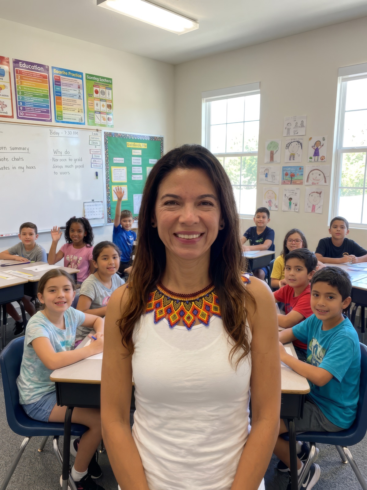 Ms. García with a happy classroom of children